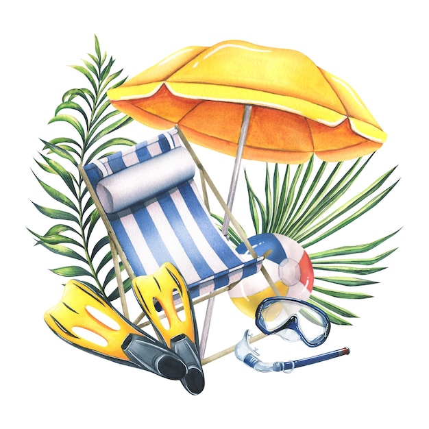 Cadeira de praia com snorkel de máscara de guarda-sol e nadadeiras para bola de praia e folhas de palmeira tropical