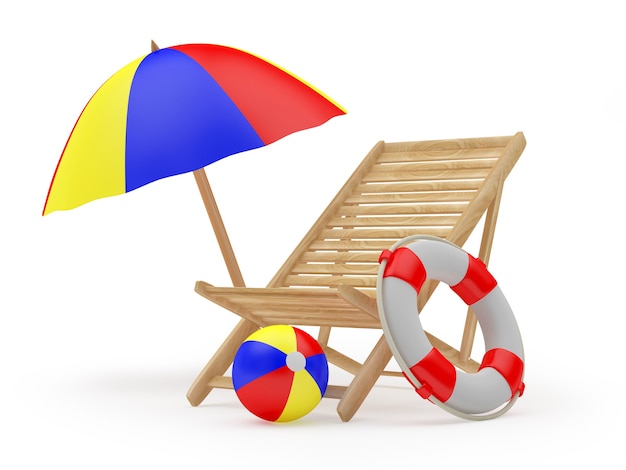 cadeira de praia de madeira com bóias salva-vidas sob um guarda-sol