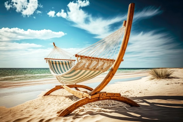 Cadeira de praia de madeira de luxo com ampla rede na costa do mar