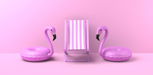 Cadeira de praia do conceito de férias de verão e flutuadores de flamingo Copie a ilustração 3D do espaço