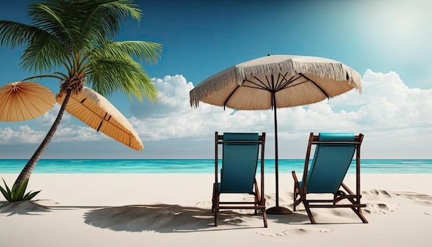 Cadeira de praia e guarda-chuva para férias na praia de verão feito com ia generativa