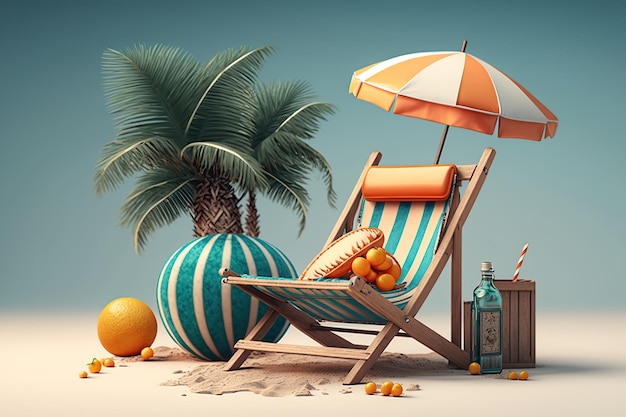 Cadeira de praia sob a palmeira com acessórios de verão