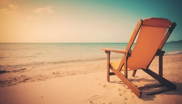 Cadeira de praia vazia na bela praia tropical e no mar ao pôr do sol