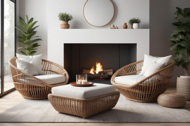 Foto cadeira de rattan, pouf de vime e sofá branco ao lado da lareira.