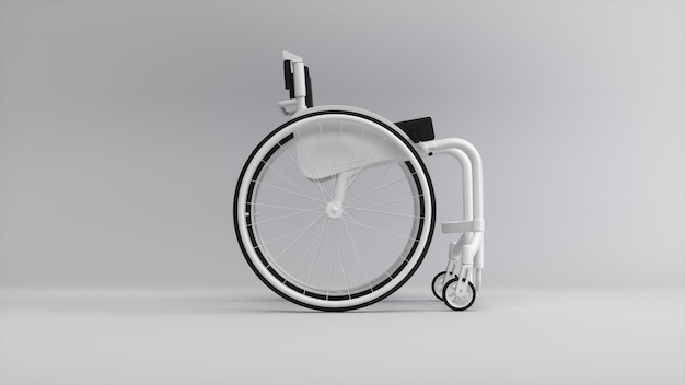 Cadeira de rodas branca em um fundo de estúdio cinza suave conceito de medicina visão em perspectiva monocromática