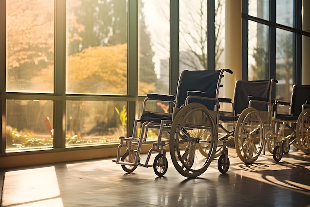 Foto cadeira de rodas colocada contra uma janela do hospital banhada pela luz do sol