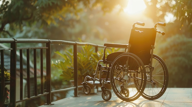 Cadeira de rodas de pessoa com deficiência na casa ou no hospital com luz solar da natureza Tom cinematográfico e imagem de emoção Acidente de seguro de vida Conceito do Dia Internacional das Pessoas com Deficiência