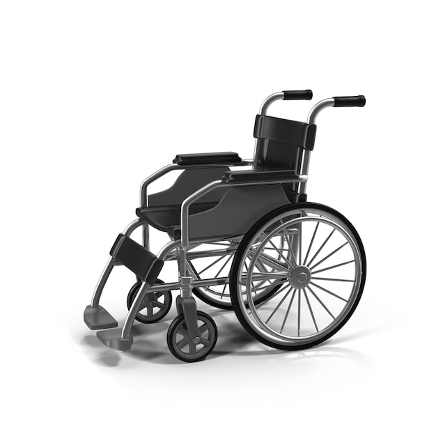 Cadeira de rodas em um fundo branco Vista lateral renderização 3D