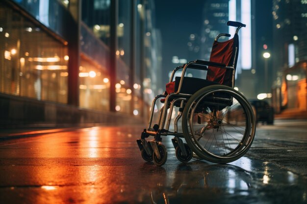 Cadeira de rodas na rua da cidade noturna