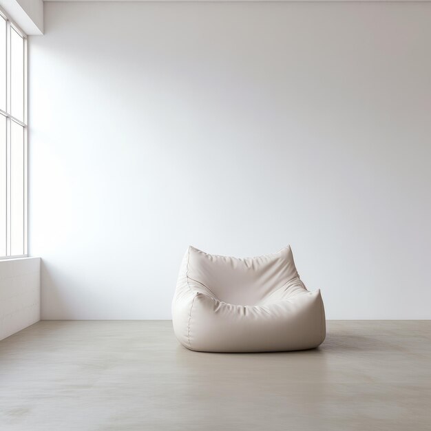 Cadeira de saco de feijão monocromática de marfim contra parede em branco