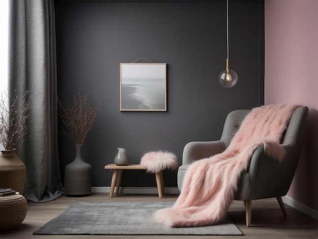Cadeira de salão cinza com cobertor de pele rosa