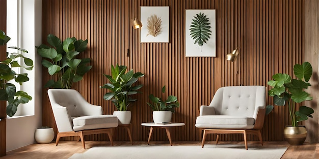 Cadeira de salão perto da parede de painéis de madeira entre plantas de casa em vaso sala de estar moderna