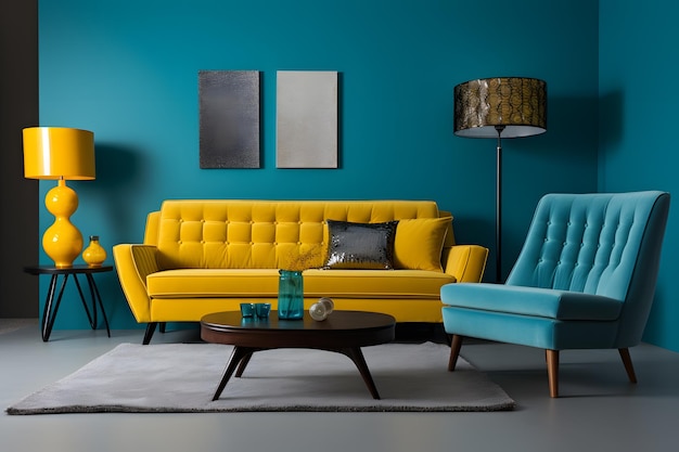 cadeira de sotaque amarelo design de interiores retrô da sala de estar gerado por ai