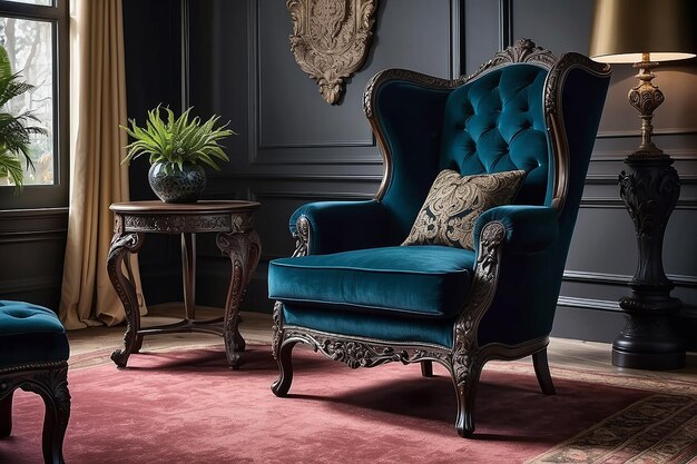 Cadeira de veludo de inspiração gótica com esculturas intrincadas e estofamento escuro para uma área de salão real