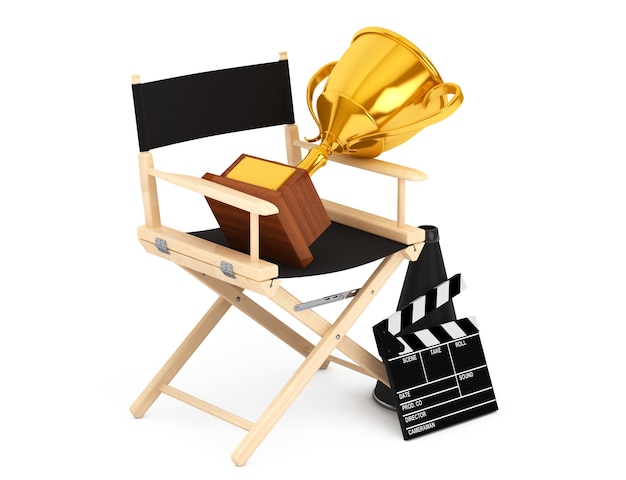 Cadeira do diretor, filme clapper e megafone com troféu de ouro em um fundo branco. renderização 3d