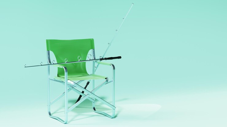 Foto cadeira dobrável de assento fisher e vara de pescar objetos de acampamento isométricos e cenas equipamento de acampamento amarelo monocromático sobre fundo verde renderização em 3d caça e acampamento