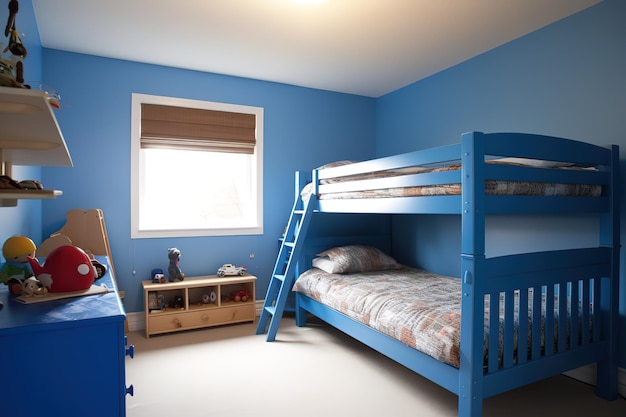 Foto cadeira e cama de solteiro com roupa de cama azul no interior aconchegante do quarto para crianças generative ai