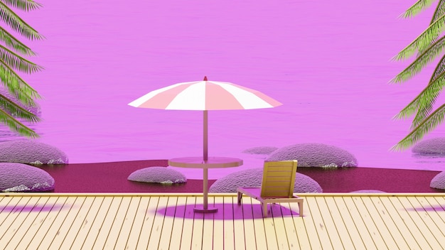 Foto cadeira e guarda-chuva apreciando o oceano na praia pedestal de madeira renderização em 3d