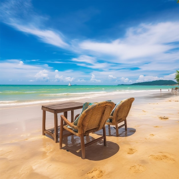 Cadeira e mesa de jantar na praia e mar com palmeiras