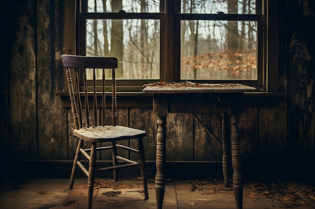 Cadeira e secretária de madeira perto da janela