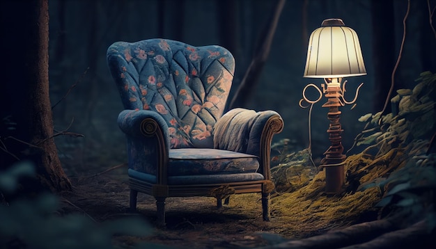 Cadeira macia na floresta com uma lâmpada um lugar tranquilo Al gerado