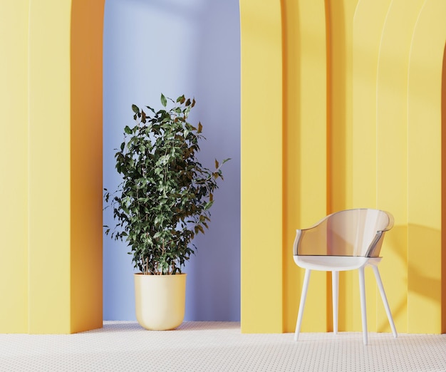 Cadeira moderna branca com arco amarelo e planta verde em pote amarelo 3d render