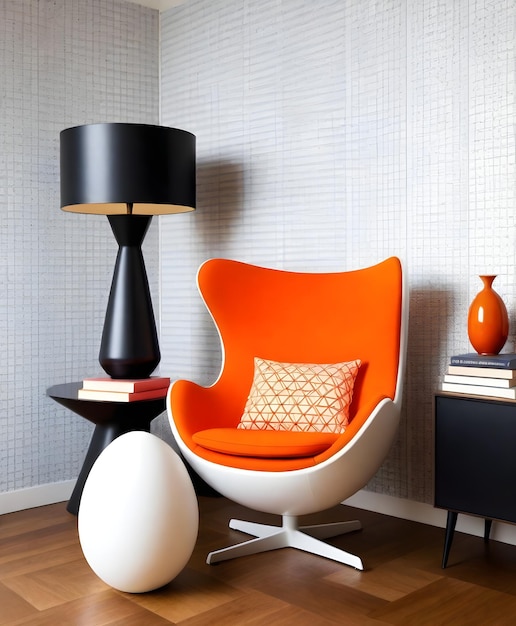 Cadeira moderna em forma de ovo branco com almofada interior laranja em uma sala com padrão geométrico