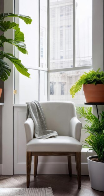 cadeira moderna perto da janela com plantas design interior moderno para relaxar