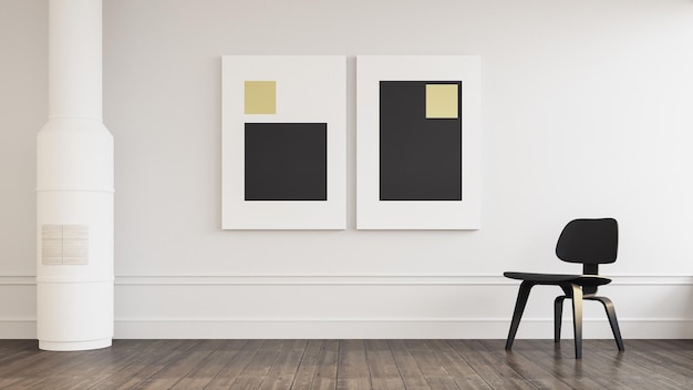 Foto cadeira preta na sala branca e lareira - renderização em 3d