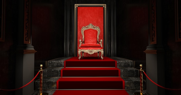 Foto cadeira real vermelha em um fundo vermelho e preto, trono vip, trono real vermelho, renderização 3d