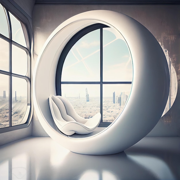 Cadeira redonda branca com janela panorâmica no interior futurista scifi criado com generative ai