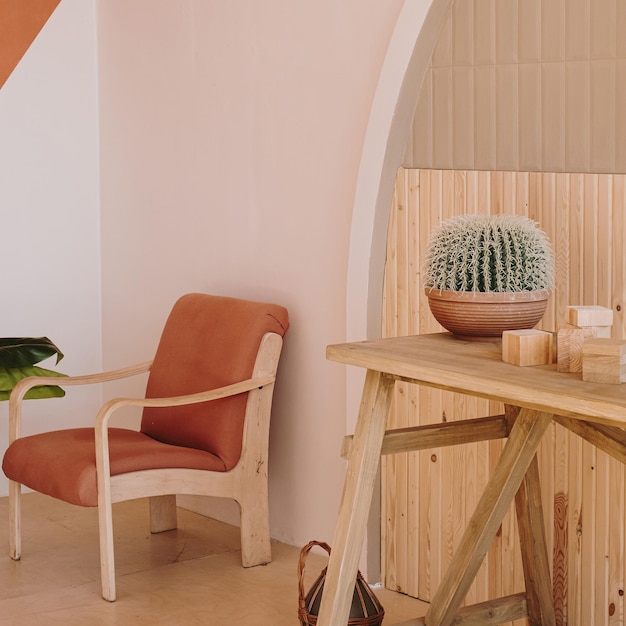 Cadeira retrô de meados do século e planta caseira de cacto em panela de barro contra parede branca e ruiva Conceito de design de interiores de sala de estar em casa estética moderna e minimalista