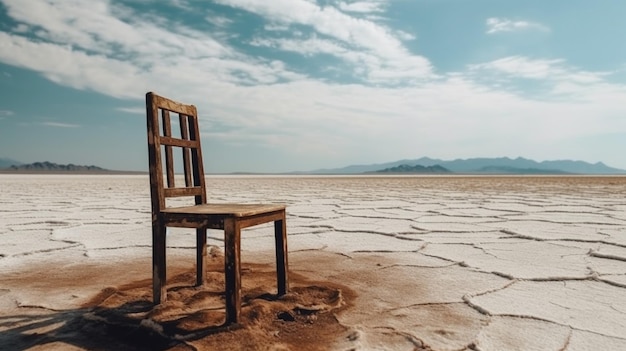 Foto cadeira vazia rústica velha no conceito do minimalismo do lago de sal seco