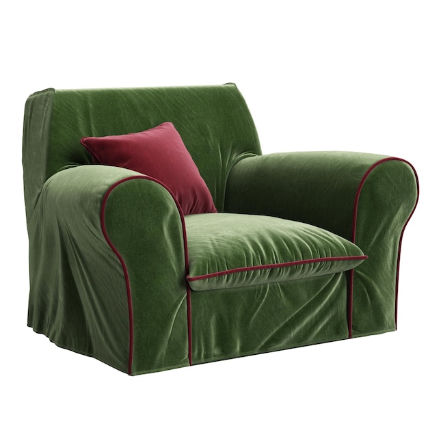 Cadeira verde clássica com almofada vermelha isolada no fundo branco renderização em 3d de ilustração digital