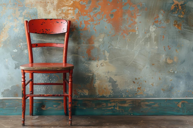 Foto cadeira vermelha de madeira contra o fundo de uma parede velha em uma sala vazia copia bandeira de espaço