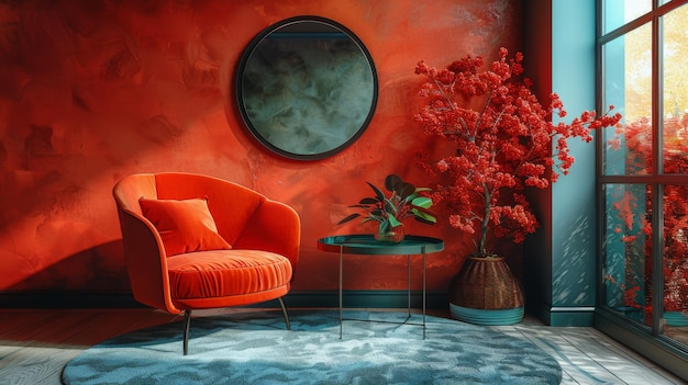 Cadeira vermelha e tapete azul na sala de estar