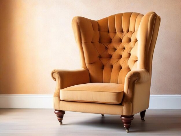 Cadeira vintage no chão em uma sala com parede amarela