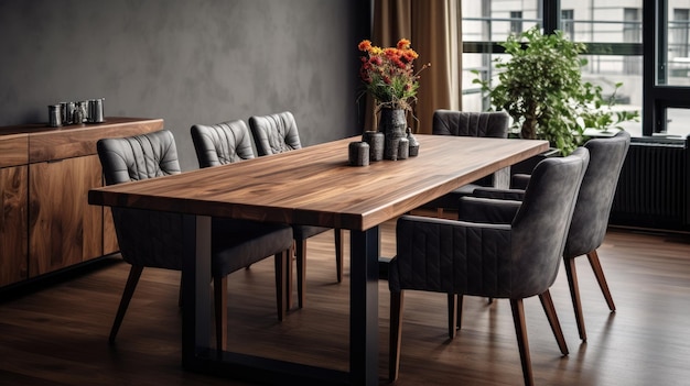 Cadeiras cinzentas elegantes com fotografia de mesa de jantar de madeira