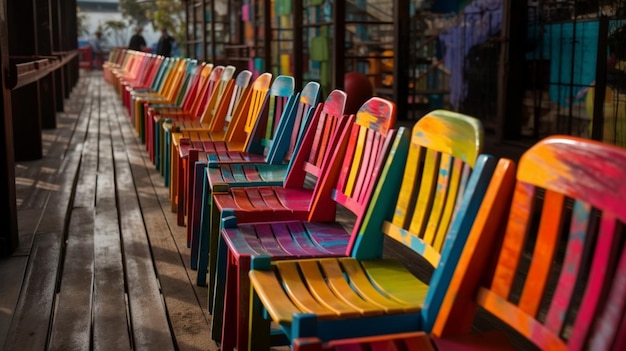 Cadeiras coloridas alinham uma calçada seguidas