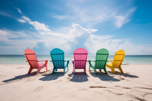 cadeiras coloridas ficam em uma praia com um céu azul. IA generativa.