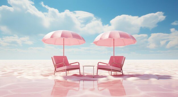 Cadeiras cor-de-rosa em torno de uma piscina e oceano no estilo do mundo Barbie