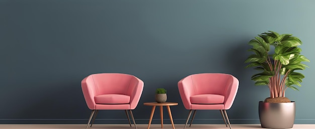 cadeiras cor-de-rosa em uma sala de estar com uma parede azul
