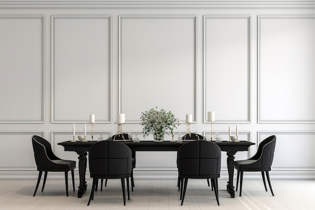 Cadeiras de jantar de madeira preta e mesa com paredes com painéis brancos Design moderno de interiores de sala de jantar