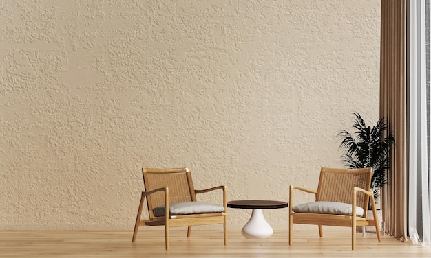 Cadeiras de madeira e fundo de parede vaziaDesign de interiores de estilo minimalista