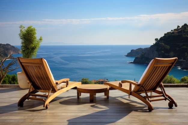 Cadeiras de madeira no terraço de uma casa de luxo com vista para o mar Cadeira de dois andares no terraço com piscina e deslumbrante vista para o mar