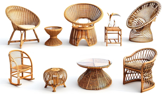 cadeiras de mesa, poltronas e outros móveis de rattan sobre um fundo branco