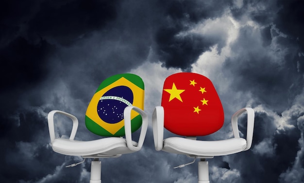Cadeiras de negócios do brasil e da china conceito de relacionamento internacional 3d rendering