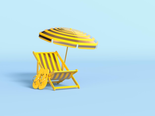 Cadeiras de ouro de listras de luxo amarelo tapa e guarda-chuva em fundo azul pastel Verão com ilustração de renderização 3d de amor