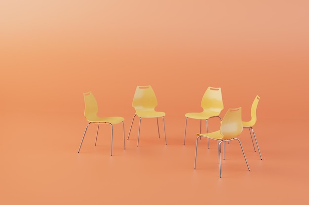 Cadeiras de plástico amarelas dispostas em círculo em uma renderização 3D de fundo pastel