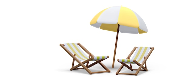 Cadeiras de praia de renderização 3D realistas com sombra e guarda-chuva isoladas em ilustração vetorial de fundo branco